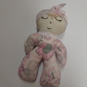 Handmade Girl First Doll 9.5 Inches. Pink and Gray Onesie with Matching Cap